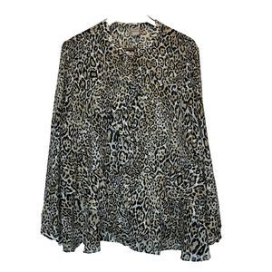 Chico's 3 Top Size 16/18 Button Front Ruffle Leopard Sheer Long Sleeve Blouse XL